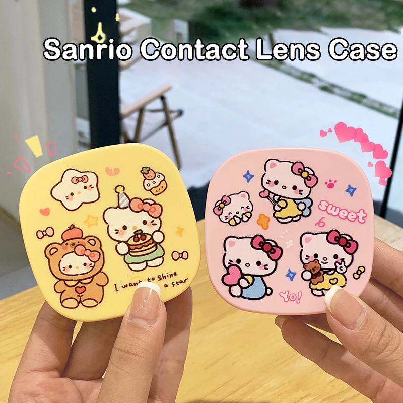 Estojo de lentes de contato kawaii hello kitty sanrio kt gato beleza pupila caixa de armazenamento portátil recipiente de lentes cosméticas com espelho