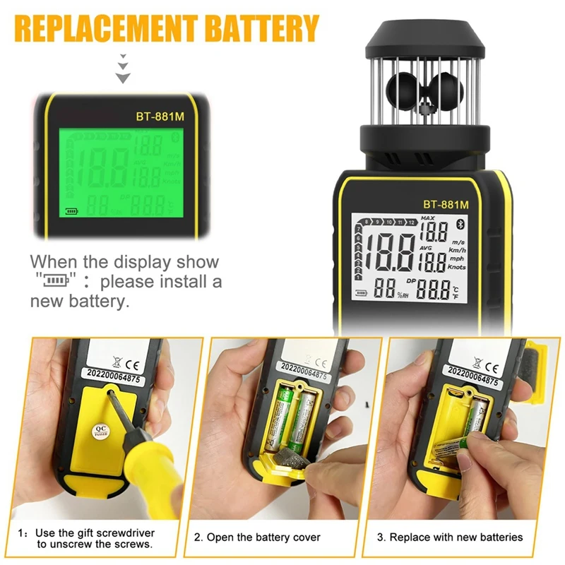 Compteur de vent anémomètre numérique ABSQ-BT-881M - Portable avec 360 °   Rotation pour la mesure de la vitesse du vent et de la température