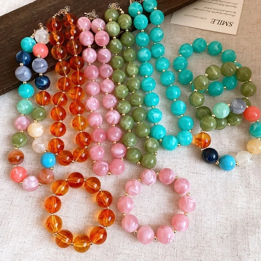 Bohemian Style Acrylic Beaded Round Beaded Multi-color Resin Choker Elastic Closure Chunky Design Beaded Jewelry Set for Women