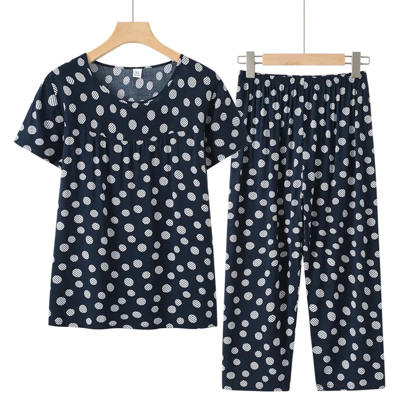 Pijamas Femininos New Cotton Rayon Sleepwear Women Printed Short Sleeve Cropped Pant Suit Thin Cool Home Summer Pajamas Set 4XL