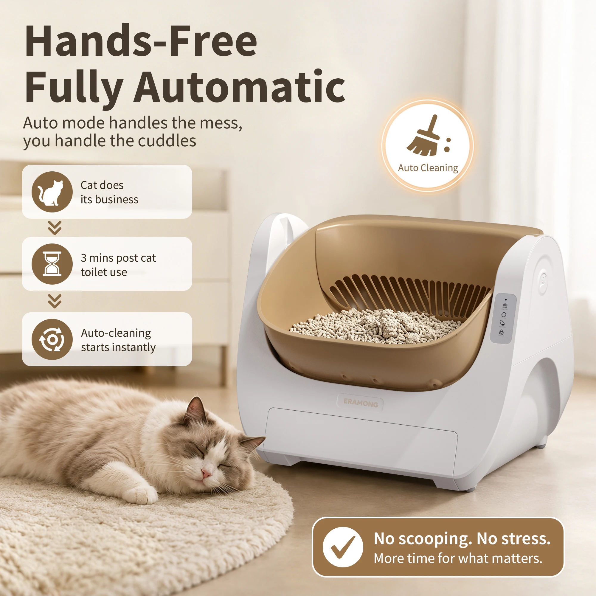 Smart Self-Cleaning Cat Litter Box with Voice Prompt Buttons, Automatic Cleaning Function, 360° Anti-Pinch Safety Protection And High-Efficiency Deodorization. Comes with a Large Waste Bin; Open-Top Design Fits Cats Weighing 4 to 22 Pounds