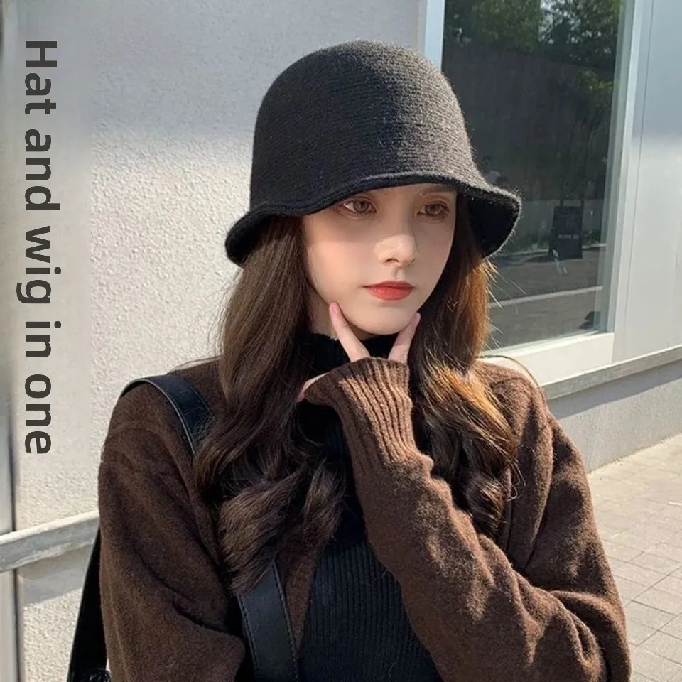 chemotherapy-post-procedure-women's-long-curl-fisherman-hat-fake-hair-one-piece-design-no-eyebrow-cap-for-hair-loss
