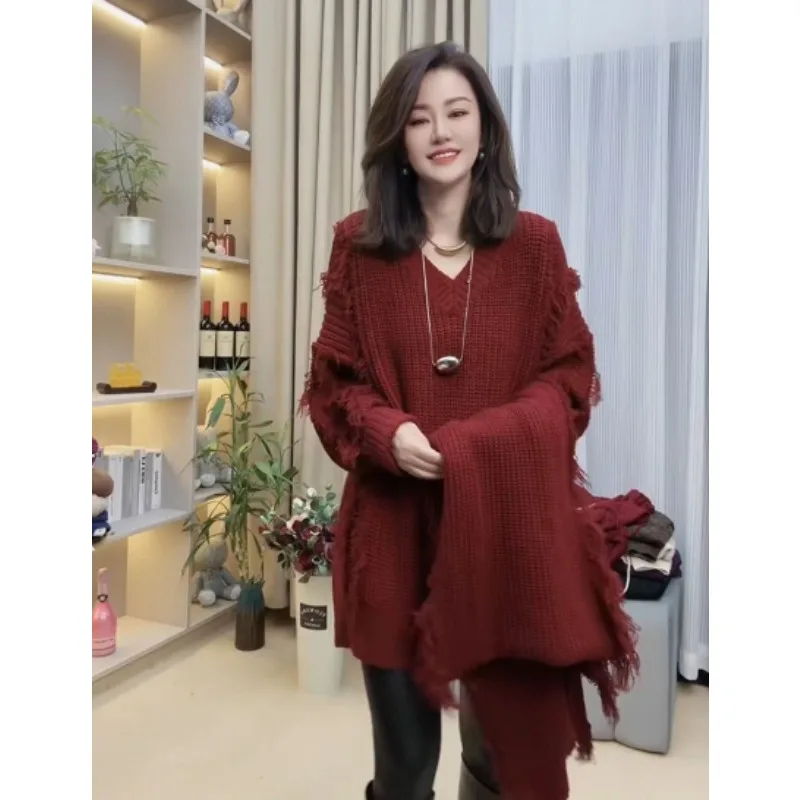 (مبيعات المصنع مباشرة) الخريف والشتاء الصناعة الثقيلة مهدب سترة برقبة على شكل حرف v + وشاح قطعتين مجموعة المرأة كسول الرياح سبليت #6