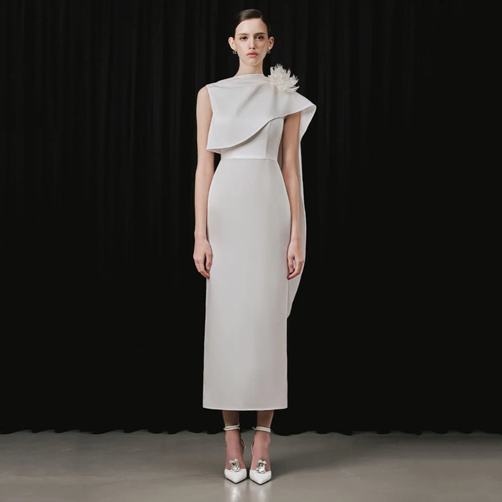 

Customized O-neck Sleeveless Jersey Women's Evening Dress Flower Appliques Sweep Train Party Dress Tea-Length Straight Prom Gown