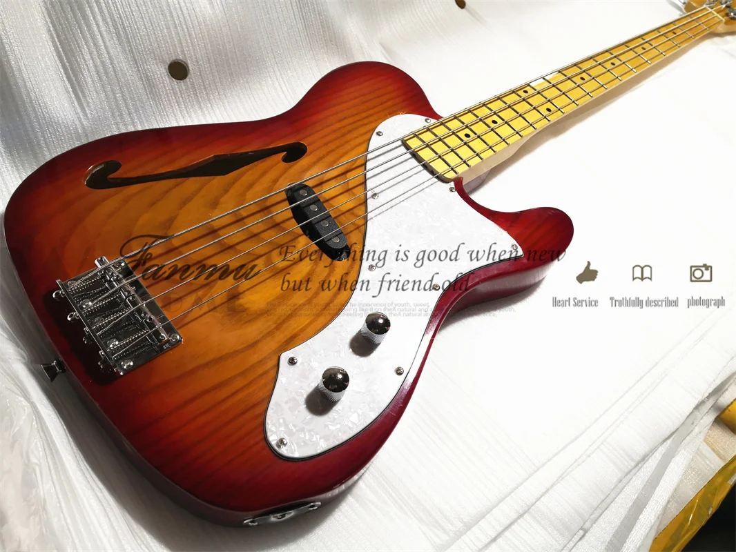 

custom 4 string bass guitar,semi hollow,ASH body,cherry sunburst bass, maple frets,pearl pickguard