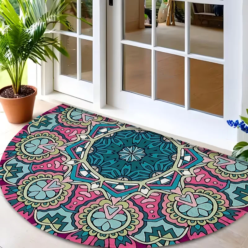 Colorful Retro Kaleidoscope Pattern Semi Circle Rug Commercial Welcome Doormat For Restaurant Supermarket Mall