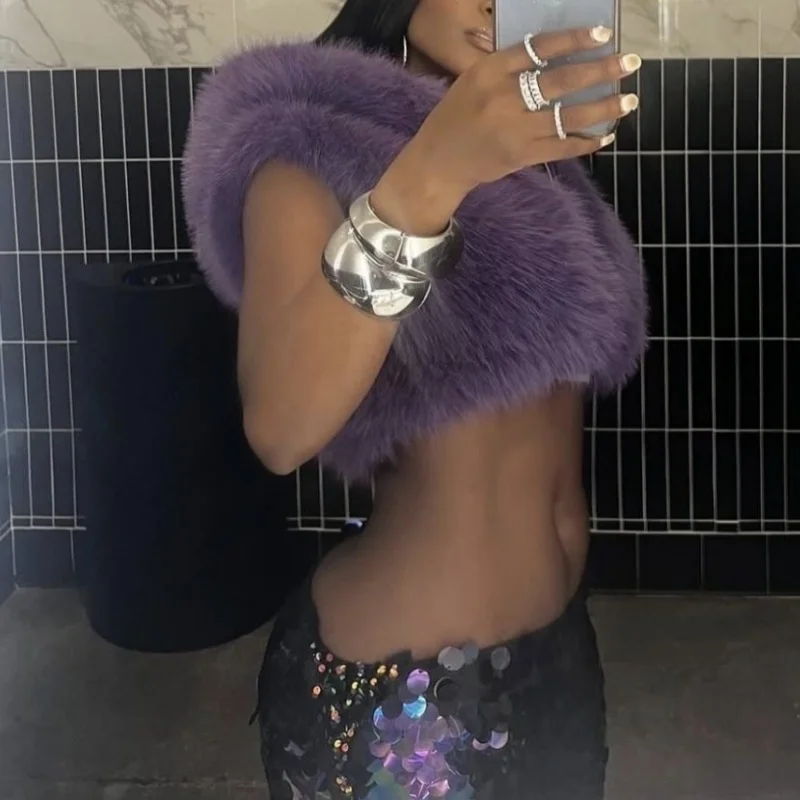 Sexy Faux Fur Hooded Cropped Vest Tops Spice Girl 2026 New Autumn Winter Fashion Elegant Women Sleeveless Short Vest Jackets