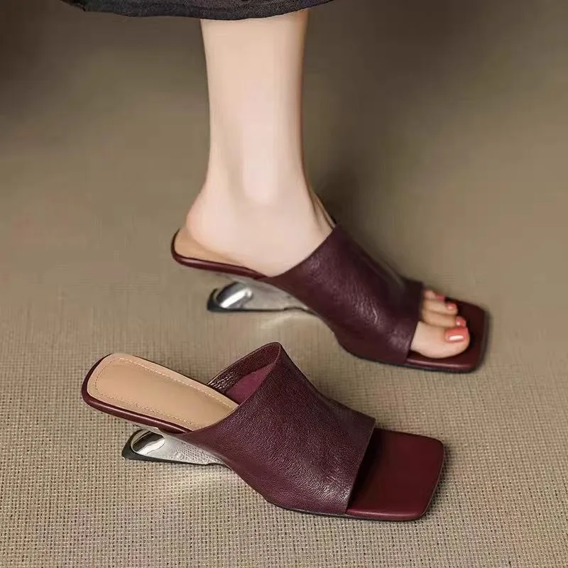 

Designer Handmade Soft Leather One-word Slippers Women's Outer Square Toe Summer New Fashion Retro Temperament Sandals