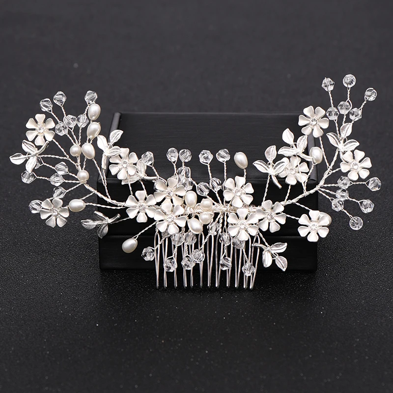 Silver Color Pearl Crystal Wedding Hair Combs Hair Accessories for Bridal Flower Headpiece Women Bride Hair ornaments Jewelry — zdjęcie 7