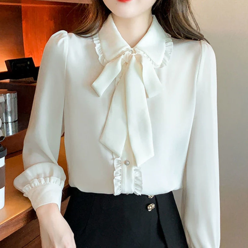 Bow Tie White Chiffon Shirt 2022 Spring Summer Korean Fashion Blouse Lace Elegant Long Sleeve Shirt for Female Casual Clothing