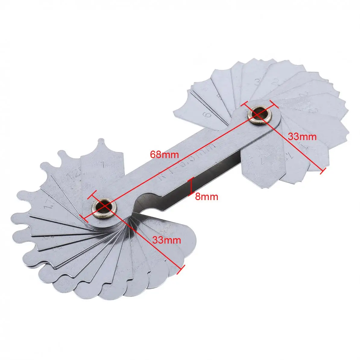 32pcs R1-6.5A7C10 1-6.5 Blades Range Stainless Steel Radius Gauge Sample R Gauge for Industrial Measurement