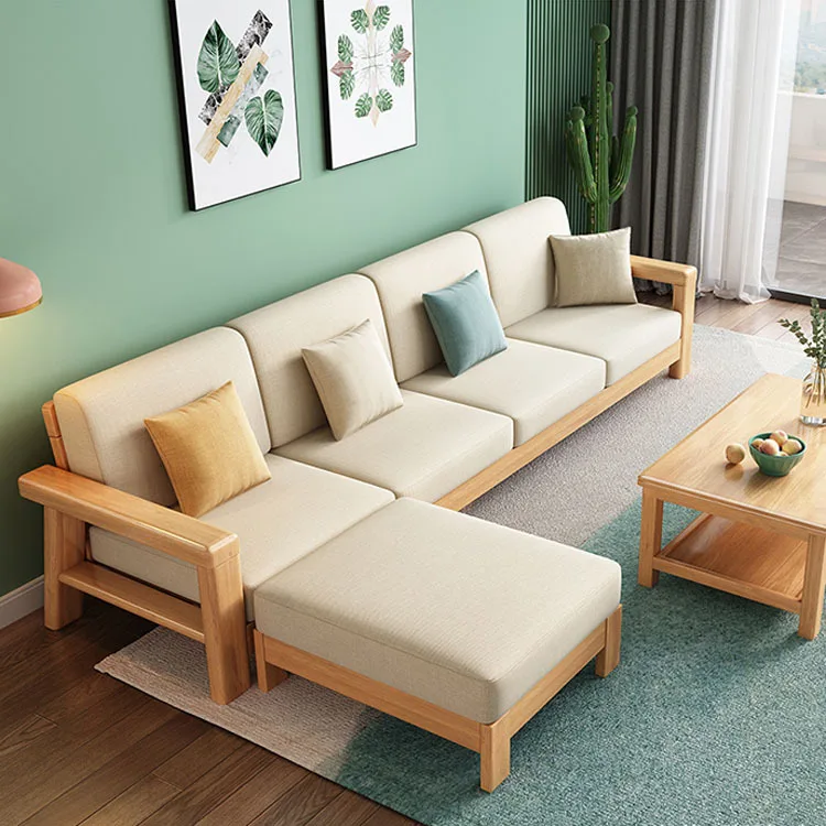 Canapé d'angle en bois massif pour petit appartement, économique, entièrement en bois massif, idéal pour salon ou location d'appartement.