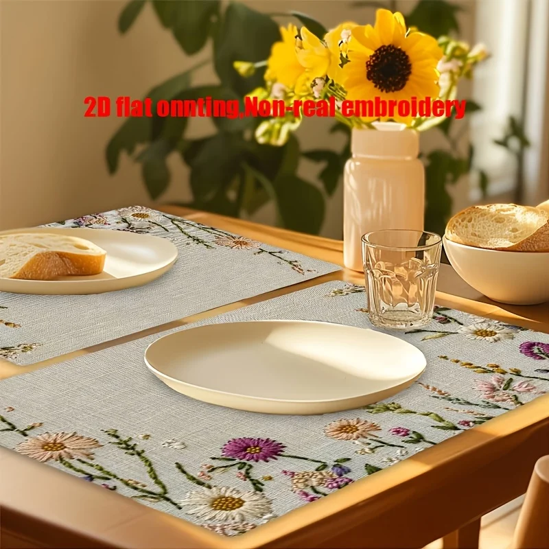 1/4PCS Rectangular Flower Dining Table Mat Anti Slip Washable Linen Table Mat 2D Floral Colorful Heat-Resistant Tablecloth Party