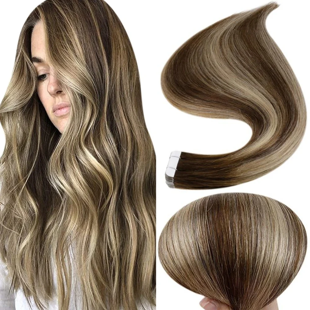 

Laavoo Tape in Human Hair Extensions Natural Straight Real Human Hair 40Pcs 12-24inch Balayage Color PU Skin Weft Tape in Hair