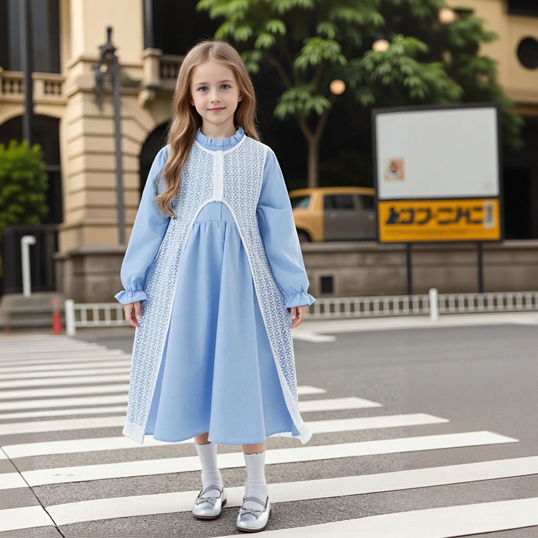 Girls Vintage Elegant Midi Dress Light Blue Long Sleeve Lace Patchwork Ruffled Neck Flared Cuff Kids Party Casual Daily Dress