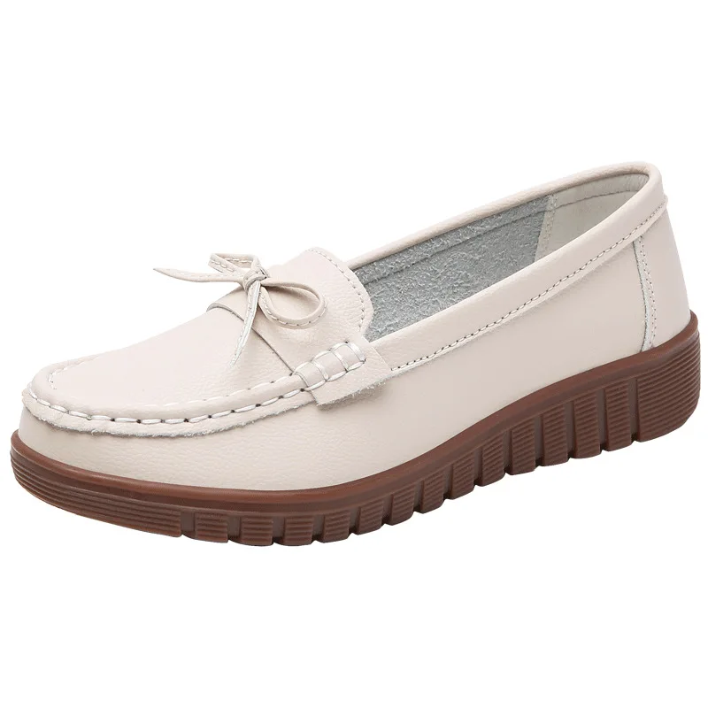 Autumn Spring Leather Peas Shoes Female Mother Shoes Women Flats Slope Shoes Casual Non-slip White Nurse Loafers Shoes Large siz