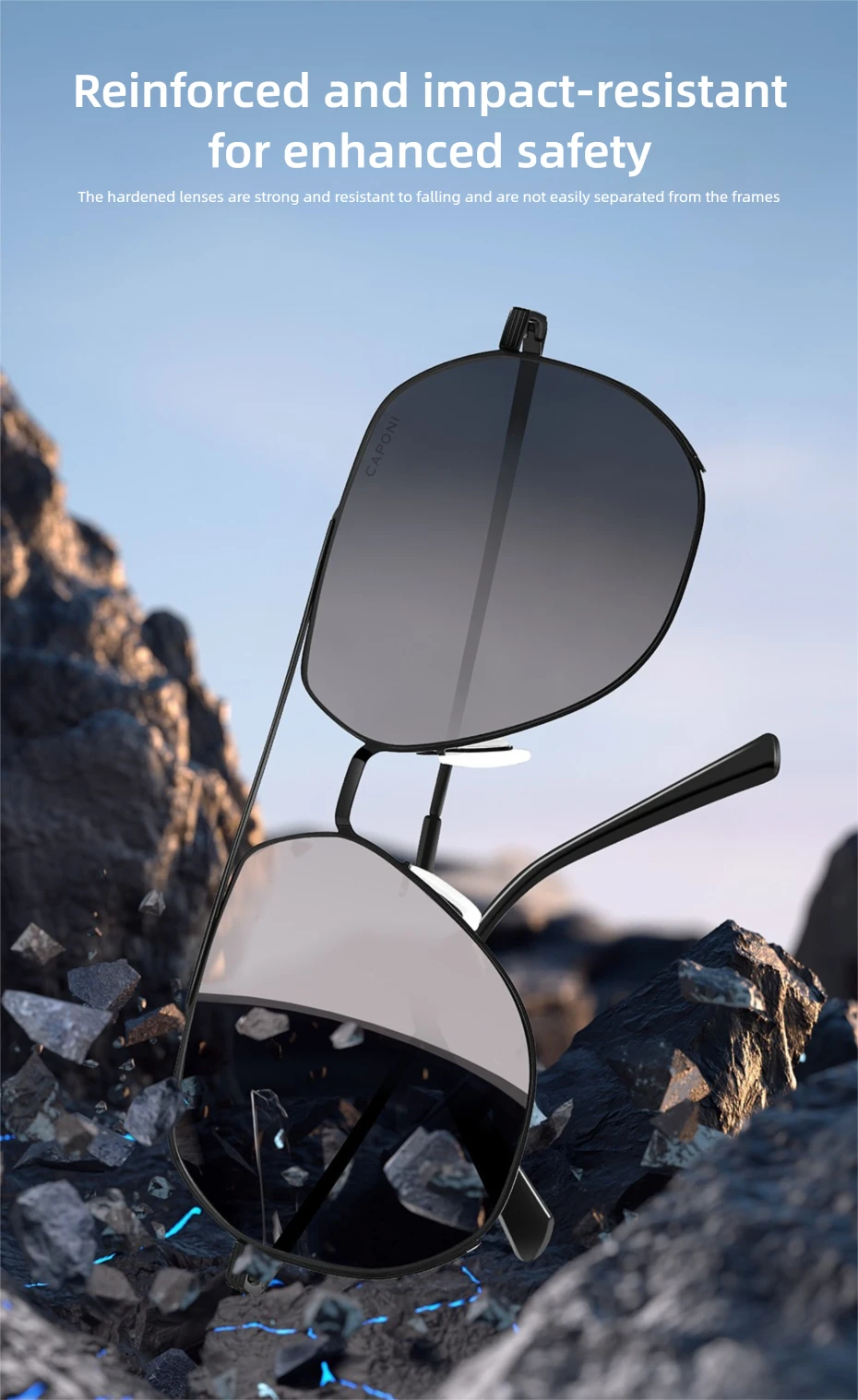 CAPONI Pilot Aviator Polarisierte Männer Sonnenbrille Klassische Doppel Brücke Designer Outdoor Sonnenbrille Anti Glare Schwarz Schatten CP35707 – Detail 9