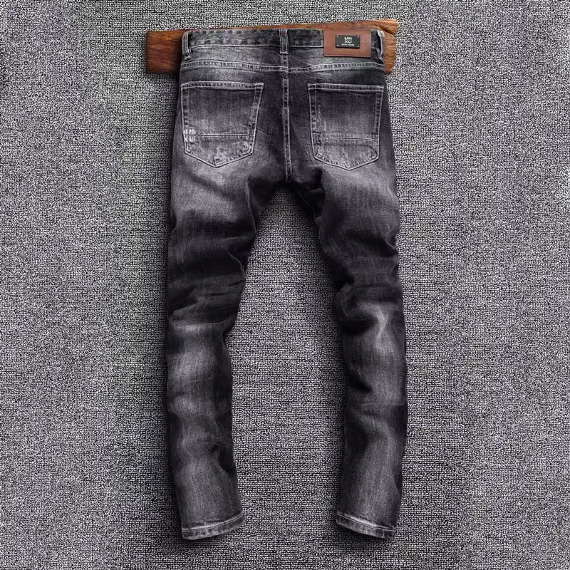 Street Fashion Men Jeans High Quality Retro Black Blue Stretch Slim Fit Ripped Jeans Men Patched Designer Hip Hop Denim Pants