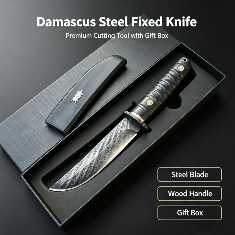 Handmade Damascus Steel Utility Knife Stabilized Wood Handle Outdoor Camping Cutting Knife with Ebony Sheath Gift Box for Kitche