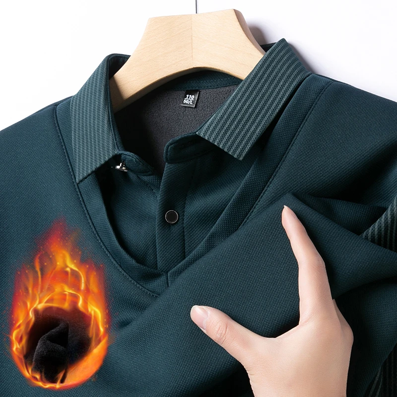 Men\'s Winter Fleece Fake Two Piece T-shirt Button Striped Polo Shirt Long Sleeve Fashion Casual Thicken Solid Lapel Male Tops
