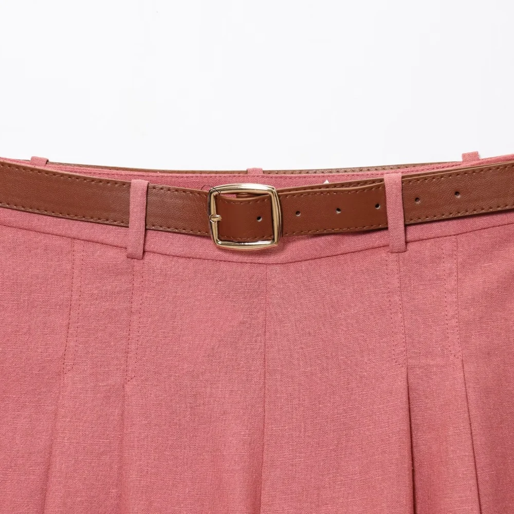 المرأة الكتان المخلوطة المخفية زر طوق بلا أكمام قصيرة تانك الأعلى مع حزام طويل عارضة السراويل الصيف السراويل الجديدة