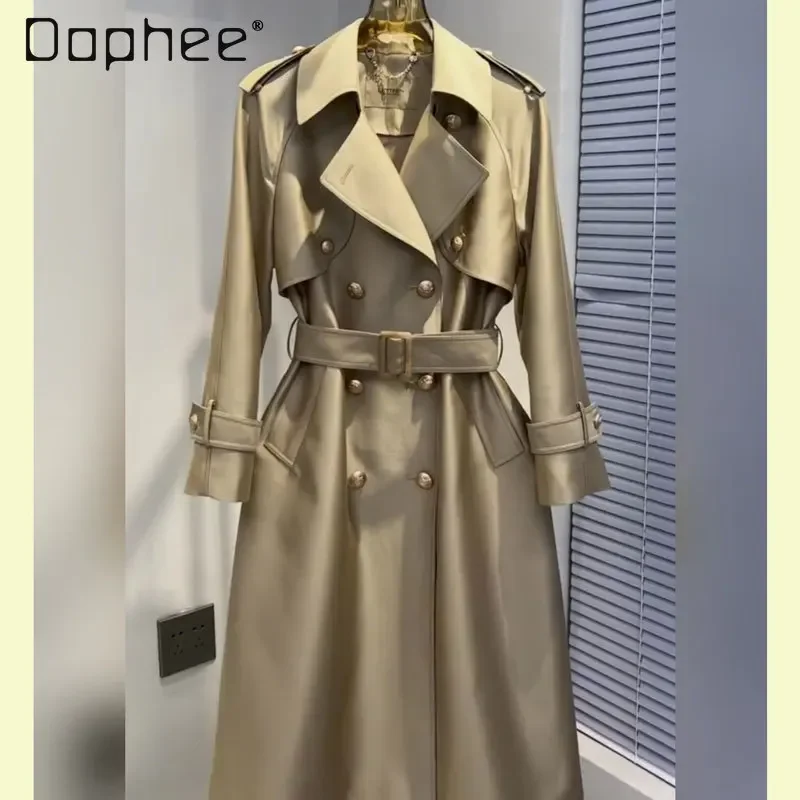 

2024 Autumn Khaki Trench Coat for Women Double Breasted Long Sleeve Lapel with Belt Mid Length Windbreaker Slim Elegant