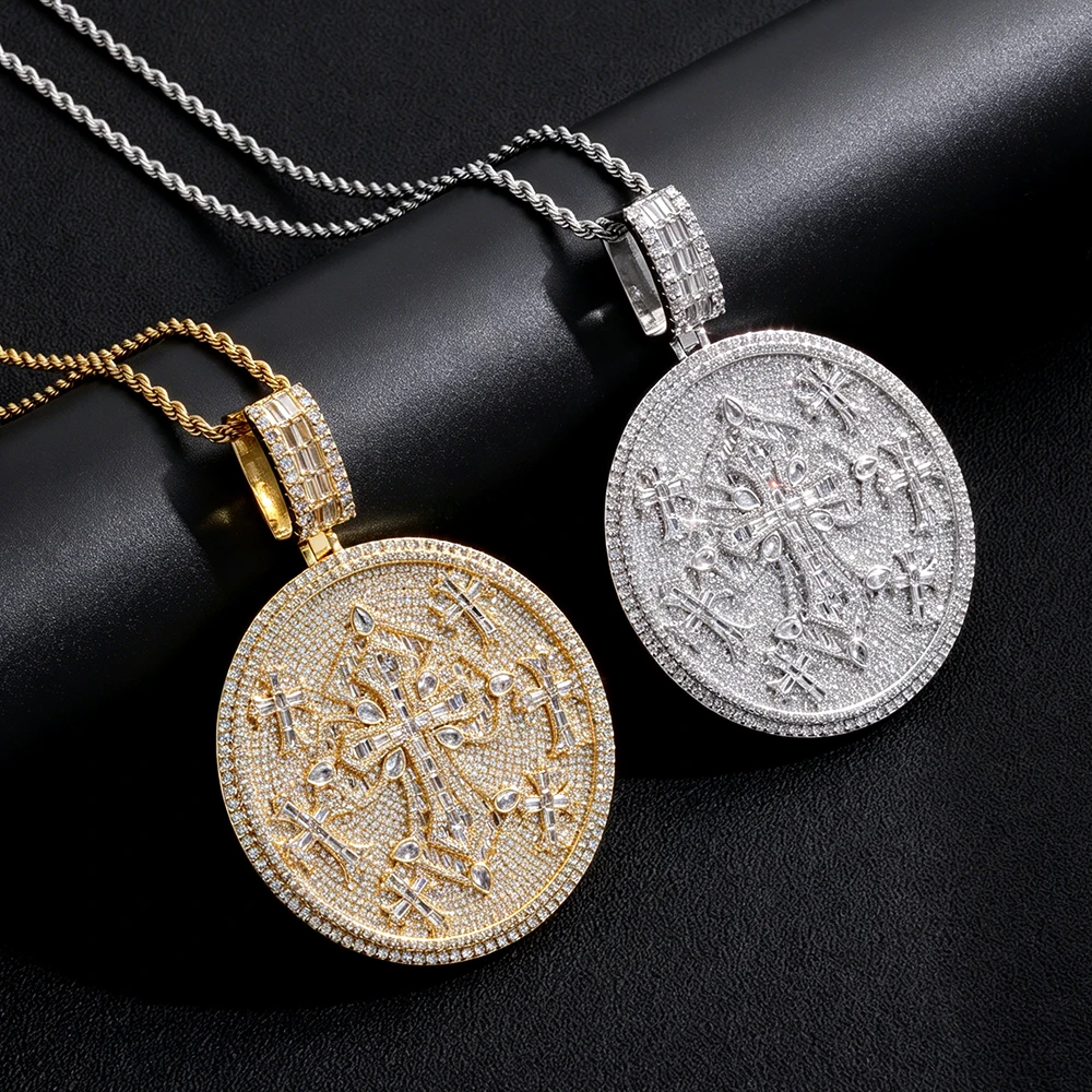 

NUOYA 18K Gold Silver Plated Brass CZ Round Cross Pendant Full Cubic Zirconia Iced Out Hip Hop Men Necklace