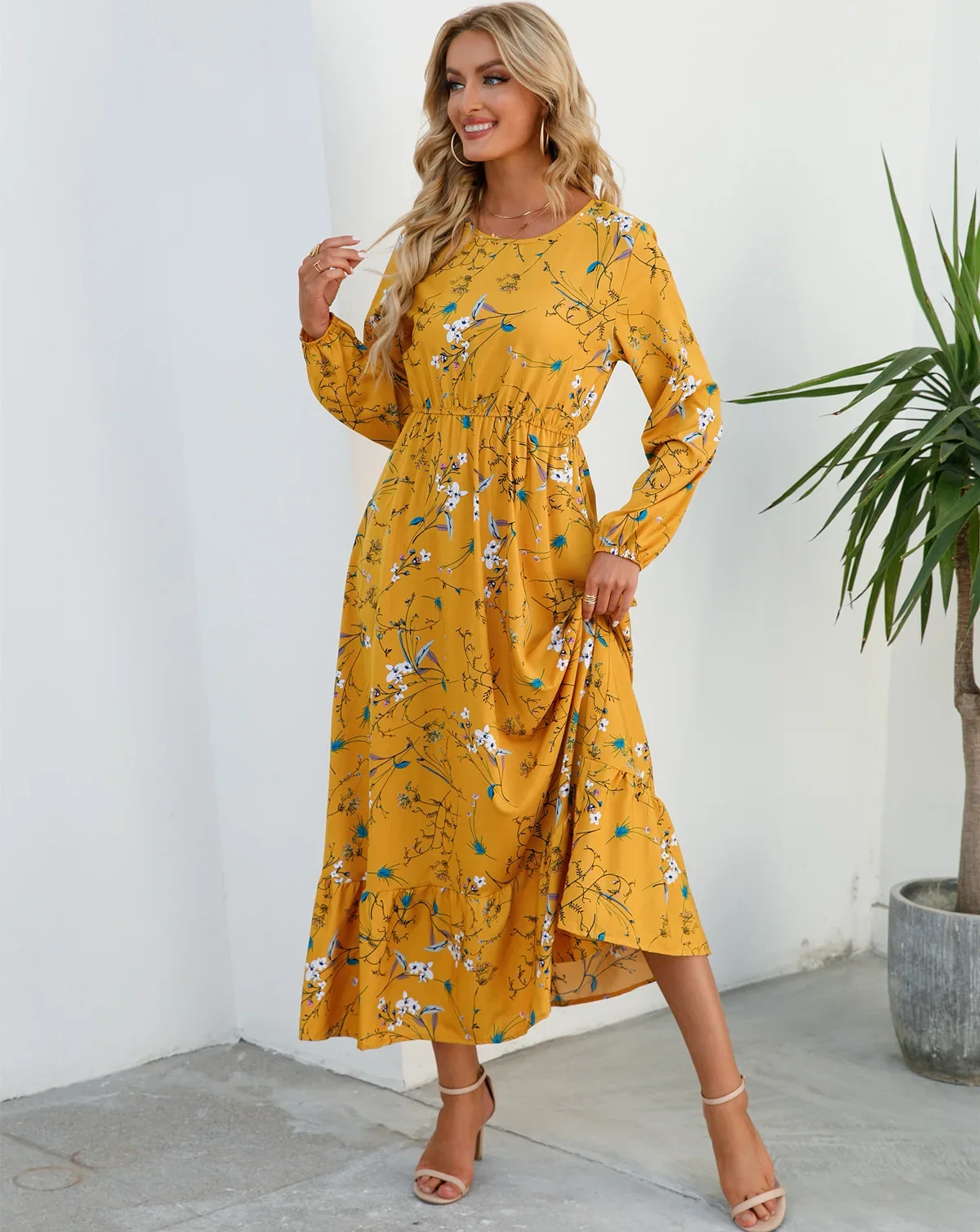 Women Eid Muslim Dresses Flowers Party Dress Morocco Tight Waist Slim Fit Vestidos O Neck Arab Dubai Kaftan Casual Ruffles