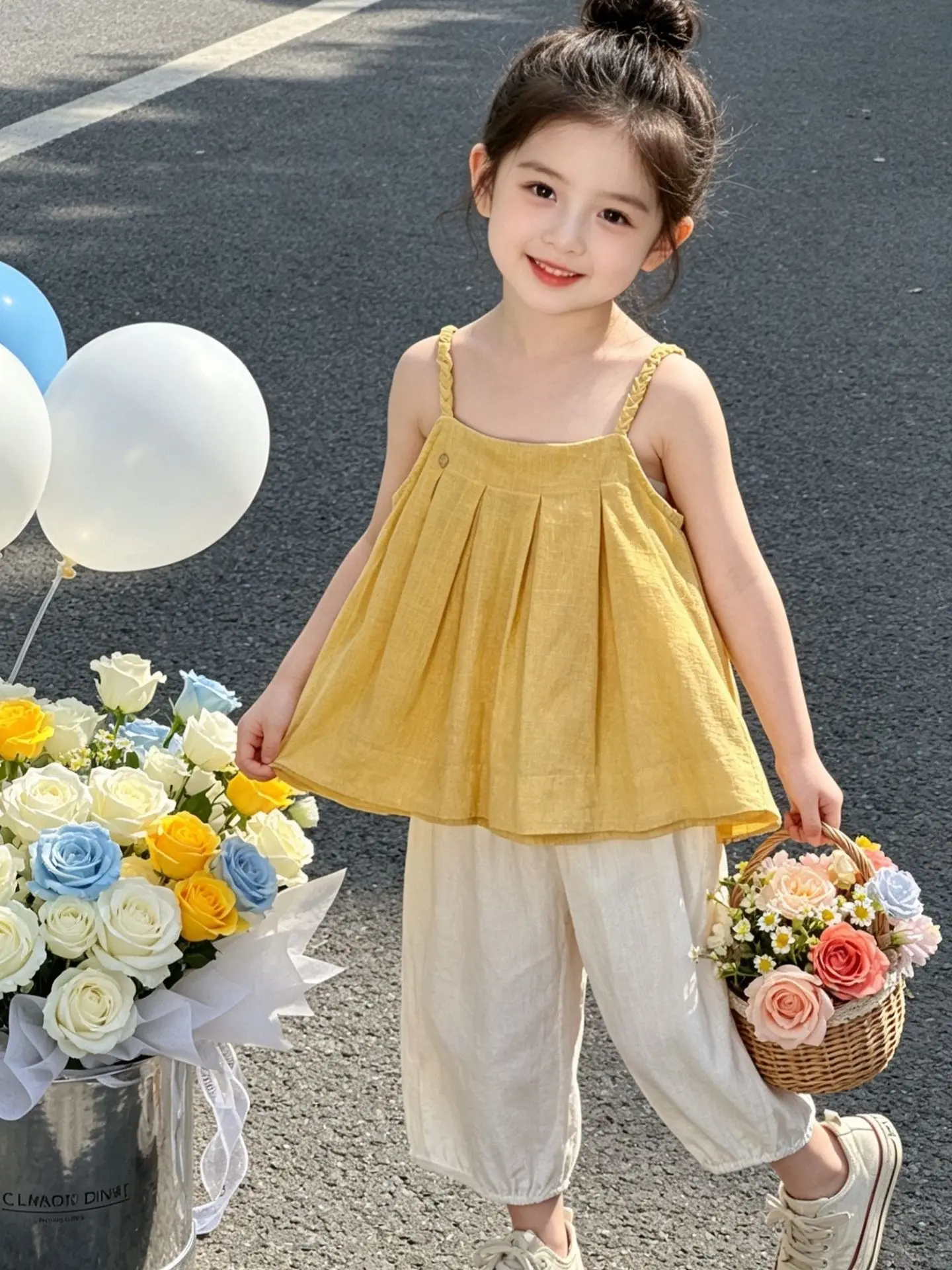 girls-summer-casual-thin-two-piece-set-sweet-forest-system-strap-top-vacation-style-loose-pants-children's-wear-comfortable-f