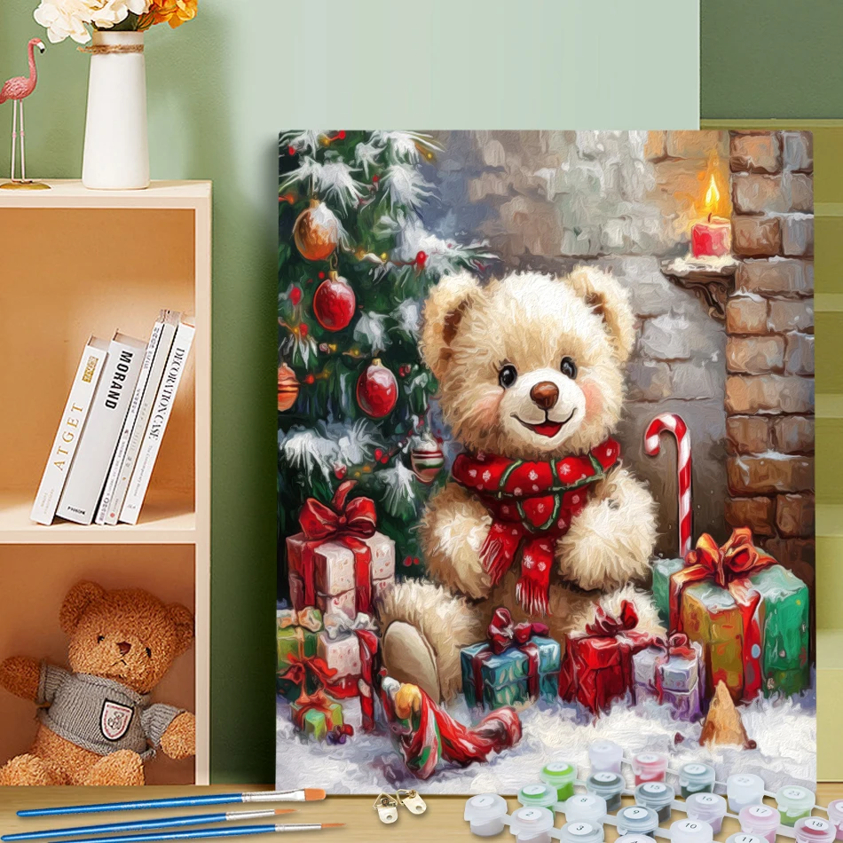 RUOPOTY Diy Ölgemälde nach Zahlen Teddybär Weihnachtsgeschenk Erwachsene Malbild Zeichnung Kunstwerk Kunstbedarf Kit Wanddekoration