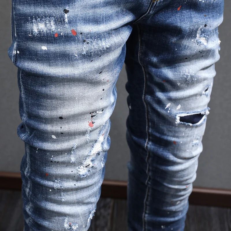 Fashion Designer Men Jeans Retro Blue Elastic Stretch Slim Fit Ripped Jeans Men Streetwear Painted Vintage Denim Pants Hombre