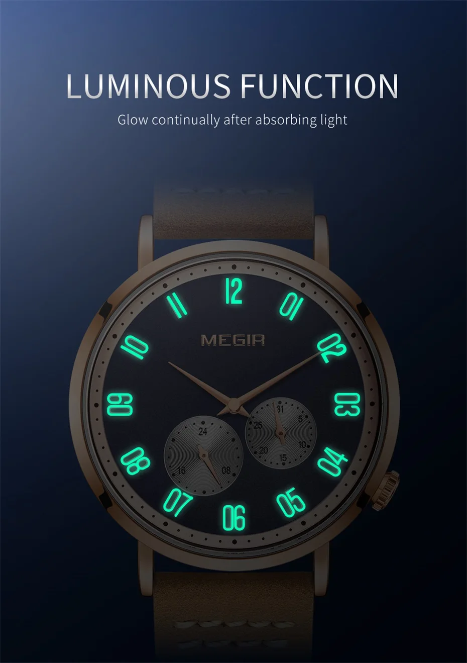 MEGIR 1023, mode sporthorloge, kaki lederen band, kalender, lichtgevende wijzers, waterdichte heren quartzhorloges