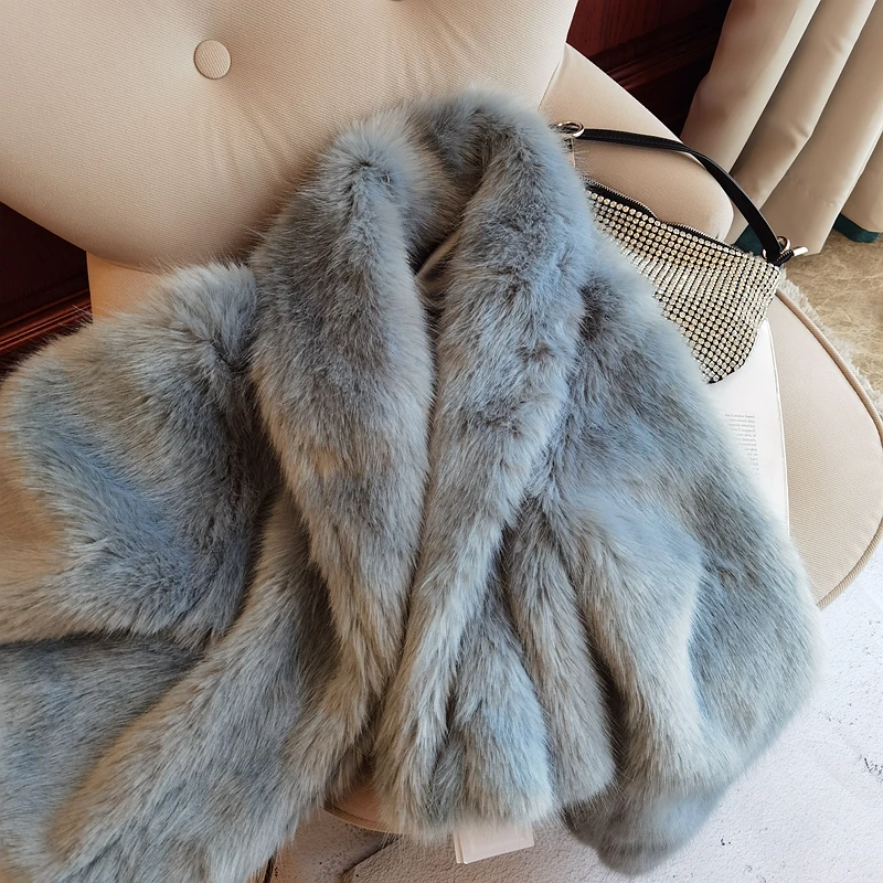 2021 Winter Women Shawl Collar Macaron Turquoise Faux Fox Fur Jacket Warm Soft Hairy Shaggy High Waist Short Coat  Outerwear