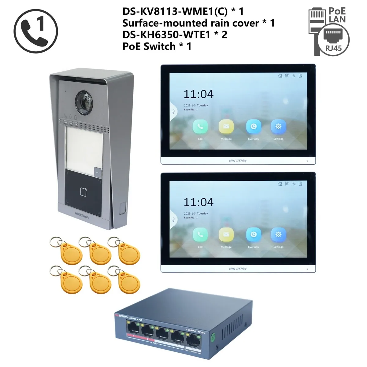 HIKVISION Original mehrsprachiges POE-Video-Gegensprechanlage-KIT, einschließlich DS-KV8113-WME1(C) und DS-KH6350-WTE1 und PoE-Switch