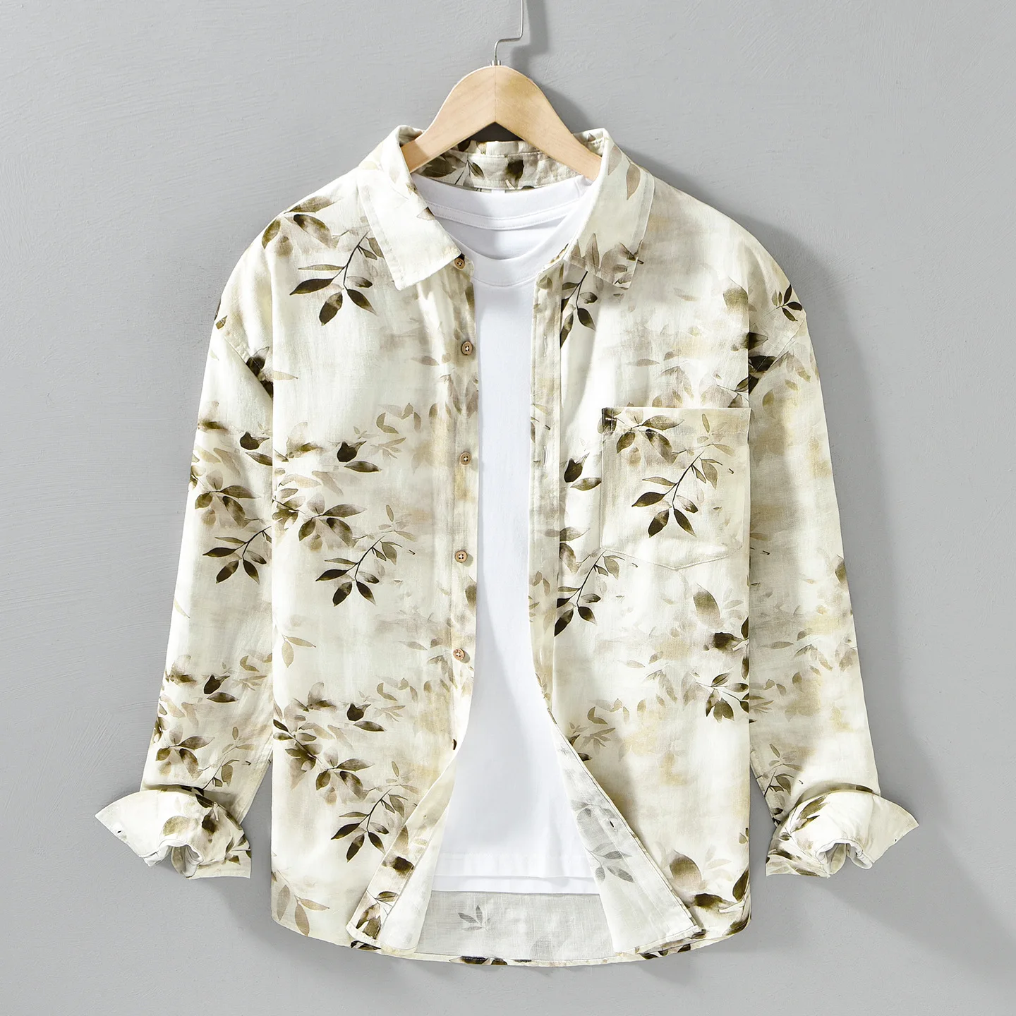 

Новая мужская рубашка с длинным рукавом в японском стиле, с принтом и карманом, 20% лен, для отпуска, молодежная одежда