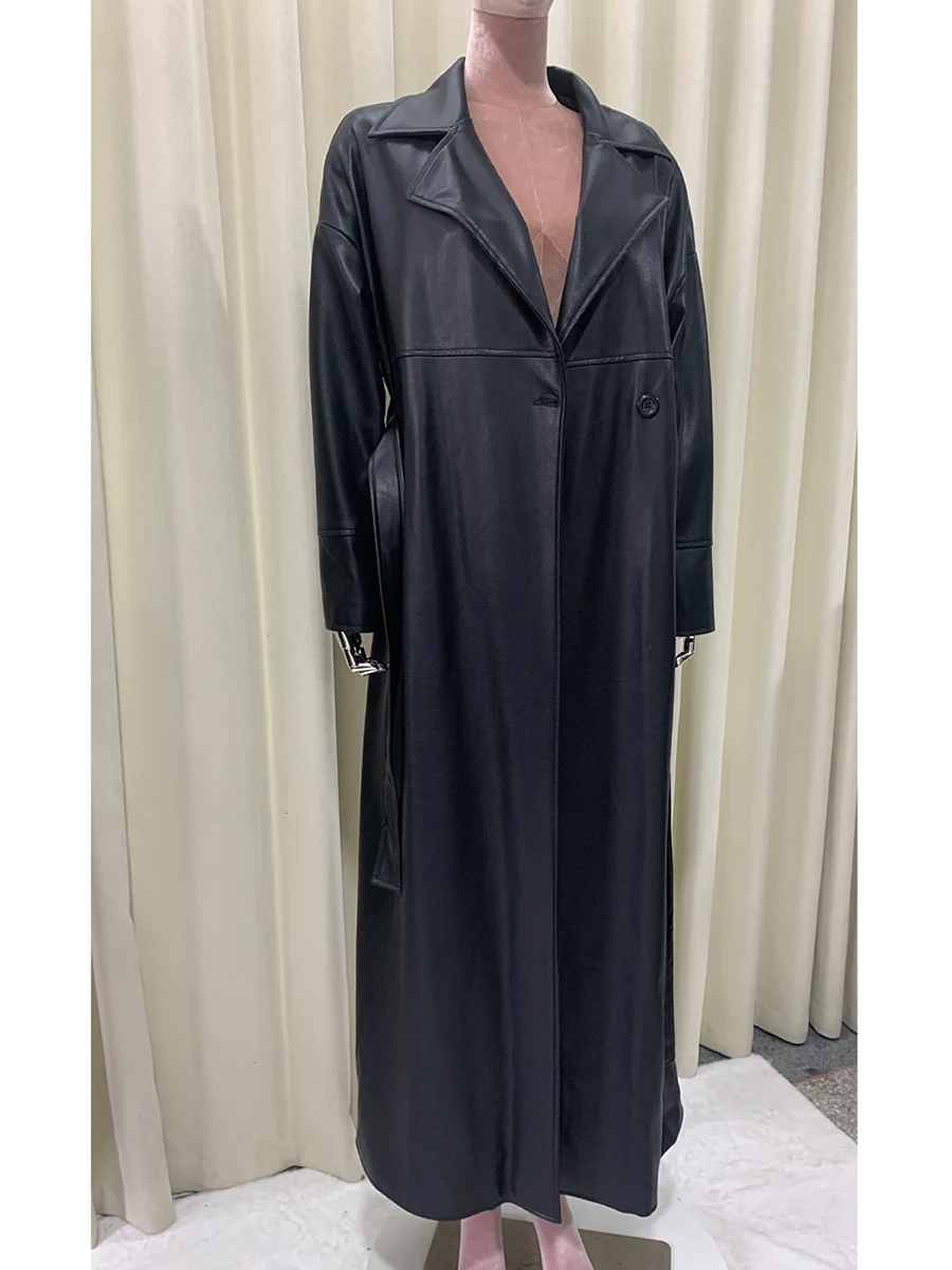 

Spring Autumn Extra Long Black Soft Flowy Pu Leather Coat Women SashesLoose Casual Korean Fashion Clothes Maxi Overcoat 2025