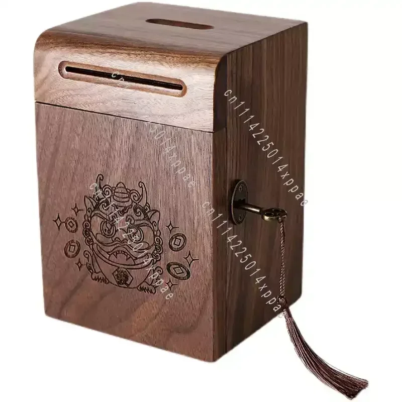 Solid Wood Money Bank, Wooden Safe Coin Jar, Home Decoration Piggy Banks for Adults, Walnut Handmade Money Saving Box with Lock