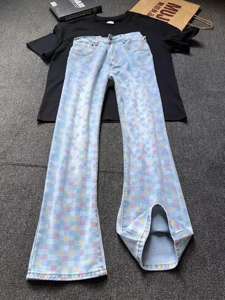 

Plaid American Sle Men's Jeans Autumn Trendy Design Sensation Small Cro Flared Pants High Street Straight Leg Pants