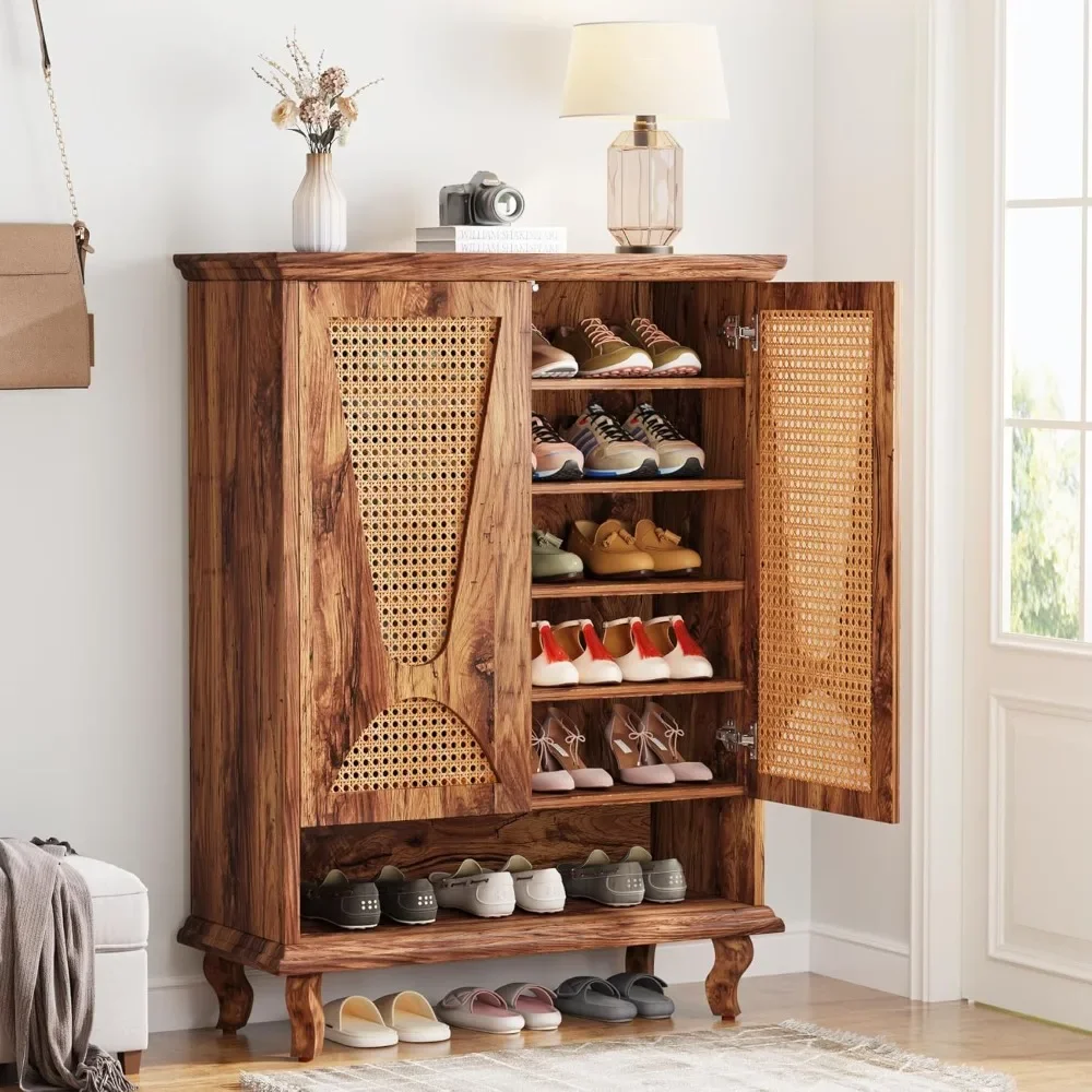 5-Tier Rattan Shoe Cabinet for Entryway | Large Hidden Organizer with Ventilated Doors | Modern Freestanding 25-Pair Storage