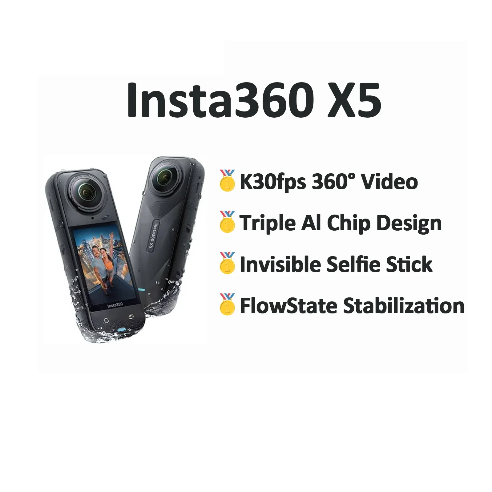 Insta360 X5 | Action camera 360 ° Insta360 X5 8K con realtà virtuale, intelligenza artificiale, modalità notturna, obiettivo intercambiabile e res