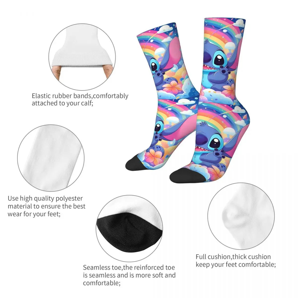 Cute Stitch Rainbow Autumn Winter Casual Women MenSocks Cartoon Sweat Absorbing Soccer Socks