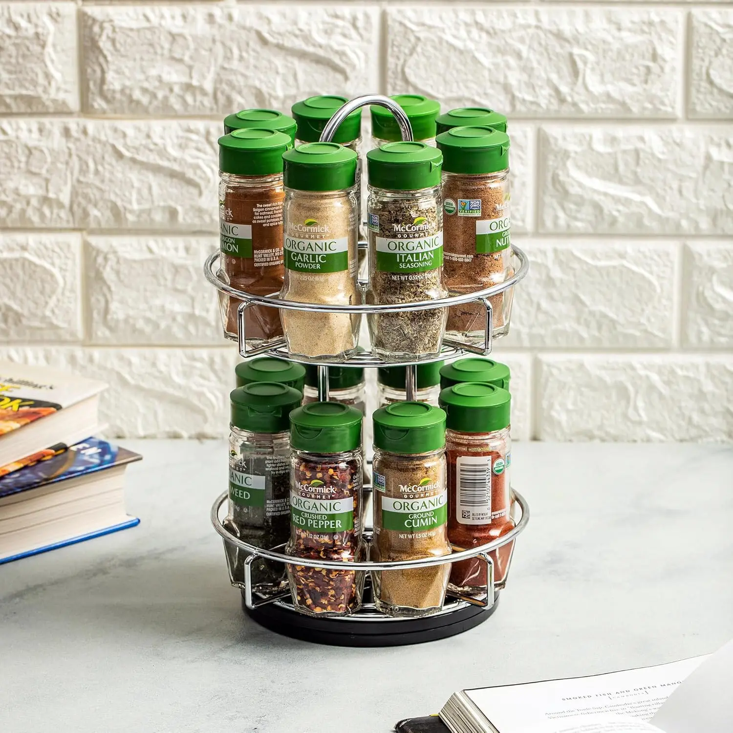 Organizador Organic Spice Rack com Especiarias Incluídas, Gourmet Cromado 2 Camadas, 15,41 oz, 16 Unidades