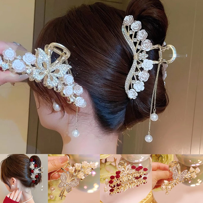 

Light Luxury Rhinestone Bell Orchid Tassel Hair Clip Flowers Rose Butterfly Claw Clip Shark Hair Claw Barrette Hair Accessories