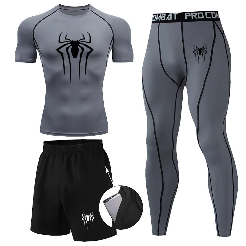 Men 3Pc Set Compression Sports Suit Spider Thermal Underwear Long Johns Clothes Running Tracksuit Wear Exercise Workout Tights