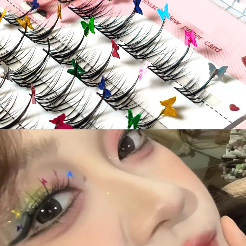 Natural Soft Segmented DIY Handmade False Eyelashes With Butterfly Glitter Shinny Fake Eyelash Cosplay Fairy Eyelash Extension