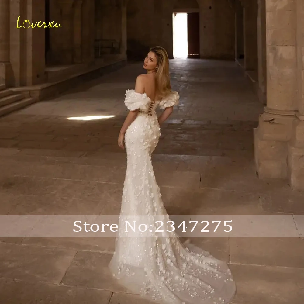 Loverxu Mermaid Elegant Wedding Dresses Straoless Lantern Sleeve Vestido De Novia Lace Appliques Flowers Custom Made Bridal Gown