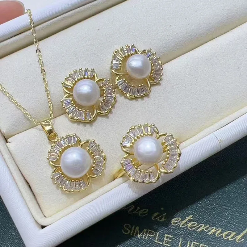 Three-leaf Vintage with Full Texture Natural High-quality Freshwater Pearl Inlaid Set