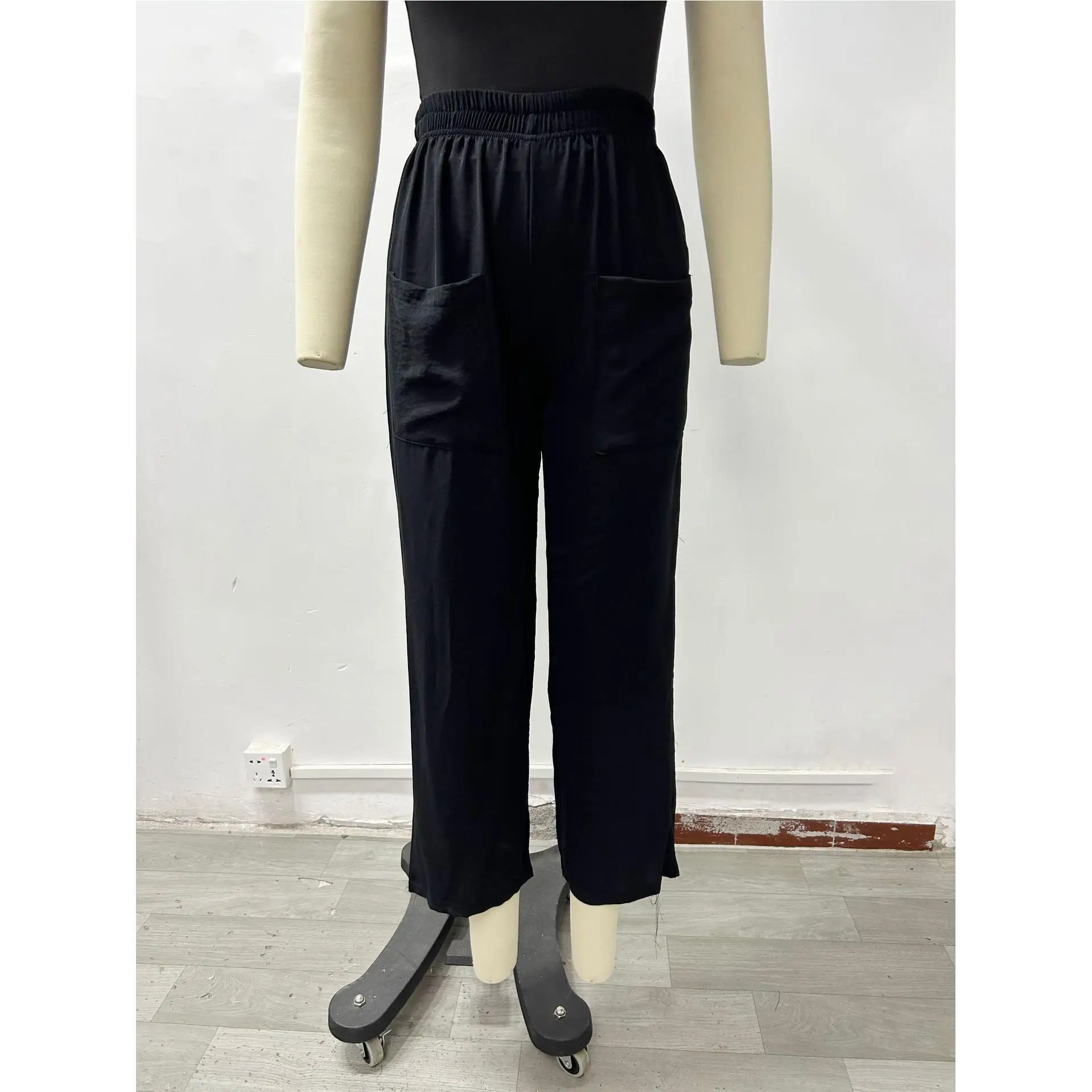 กางเกงลำลองผู้หญิงแบบสบายๆ รุ่น 2024wi ทรงขากว้าง ผ้าโพลีเอสเตอร์ สีพื้น เอวยางยืด พร้อมเชือกผูก