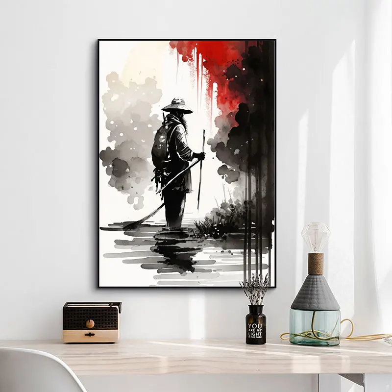 People On A Lonely Boat Rowing and Fishing Japanese Posters Canvas Painting Wall Art Picture for Living Room Home Decor Gifts