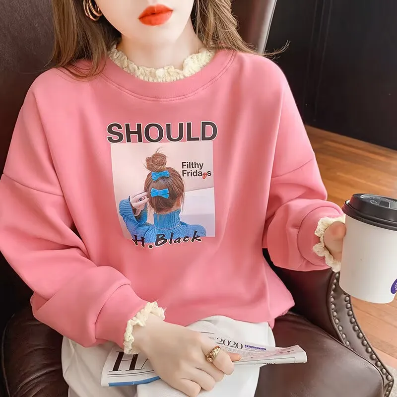 Sudaderas con capucha para mujer, estilo coreano 2025, Otoño Invierno, encaje de retales, Sudadera con capucha de lana, jerséis para mujer, Tops, sudadera informal para estudiantes